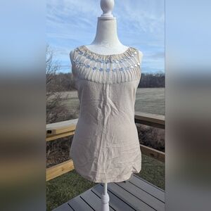 Tory Burch Silk Linen Size 10 Cream Embellished Sleeveless Tank Top Tunic